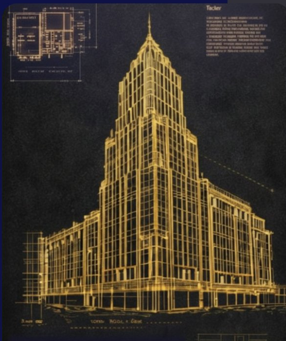 Architectural blueprint elevation of a skyscraper